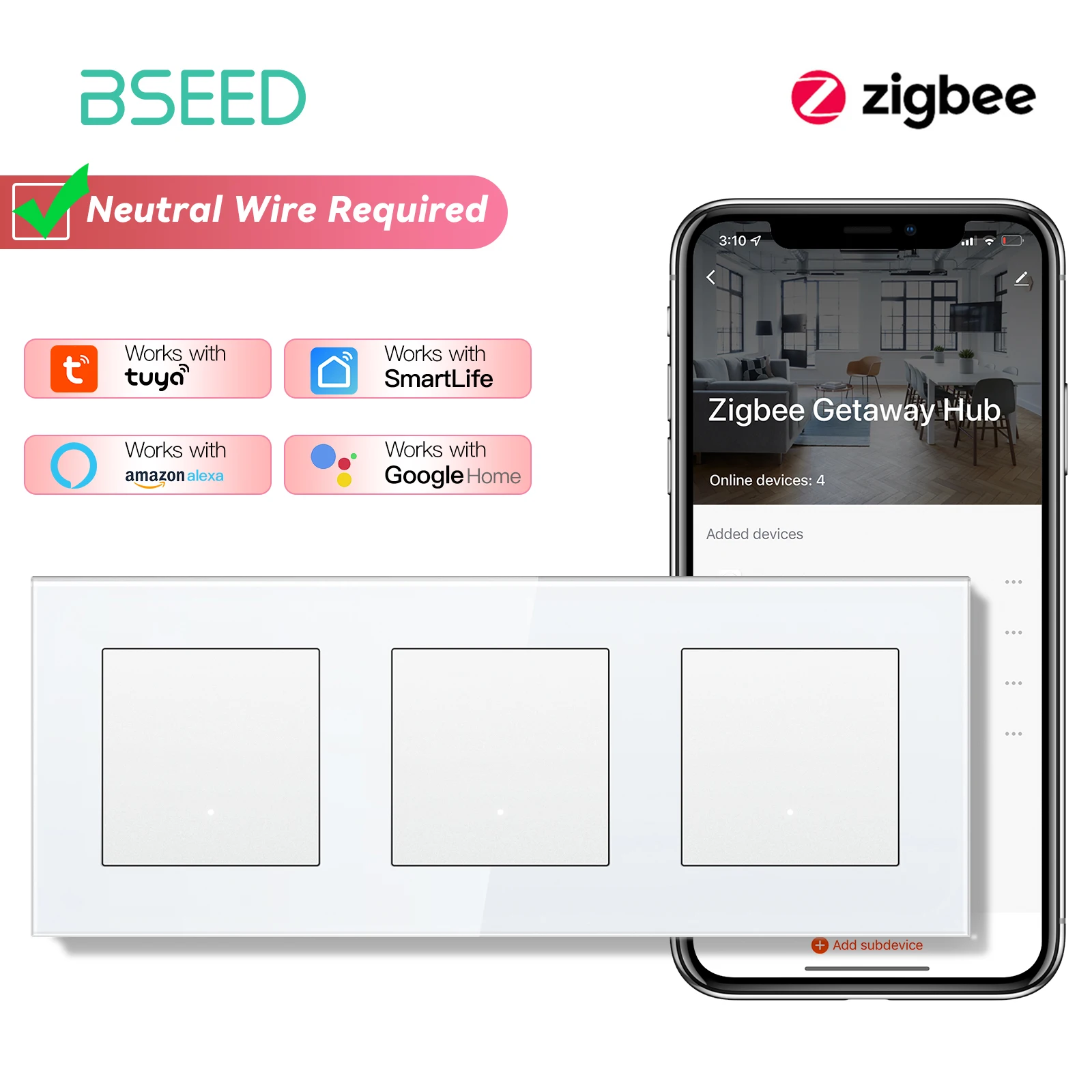 BSEED Zigbee 1/2/3Gang Tuya Lichtschalter Smart Click Buttons Smart Life Alexa App Plus EU-Buchsen USB-C-Anschlüsse ohne Zigbee 9