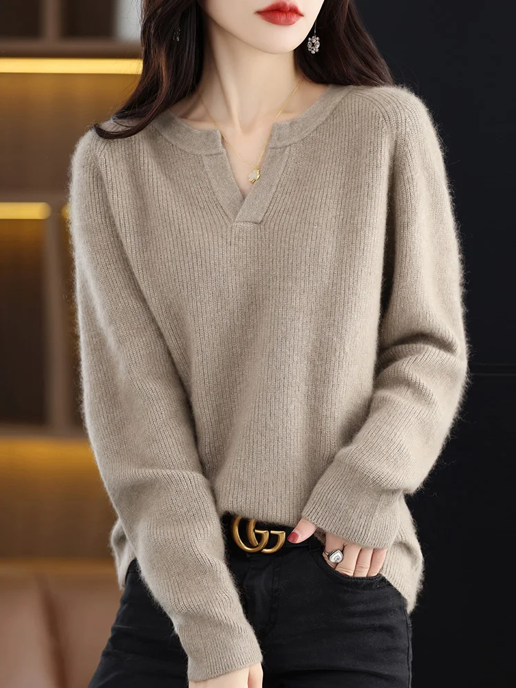 

100% Mink Cashmere Knit Pullover Women V-Neck Thicken Sweater Casual Large Size Blouse Autumn Winter New Long-Sleeved Base Shirt