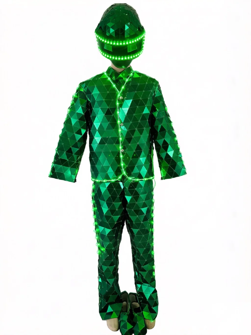 

LED Lights Mirror Costumes Silver Man Show Suit Stage Performance Dress Dance Clothing for Party Nightclub LED Hand Sewn
