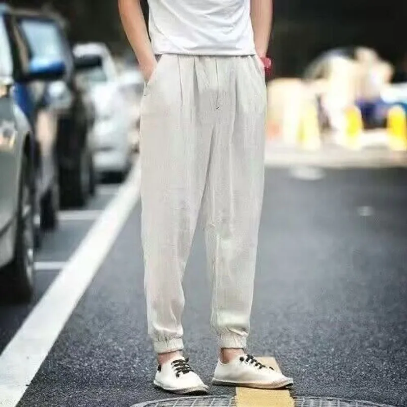 2024 Summer Thin Style Harajuku Men Casual Large Size Loose Foot Binding Cotton Linen Solid Color Ventilation All-match Trousers