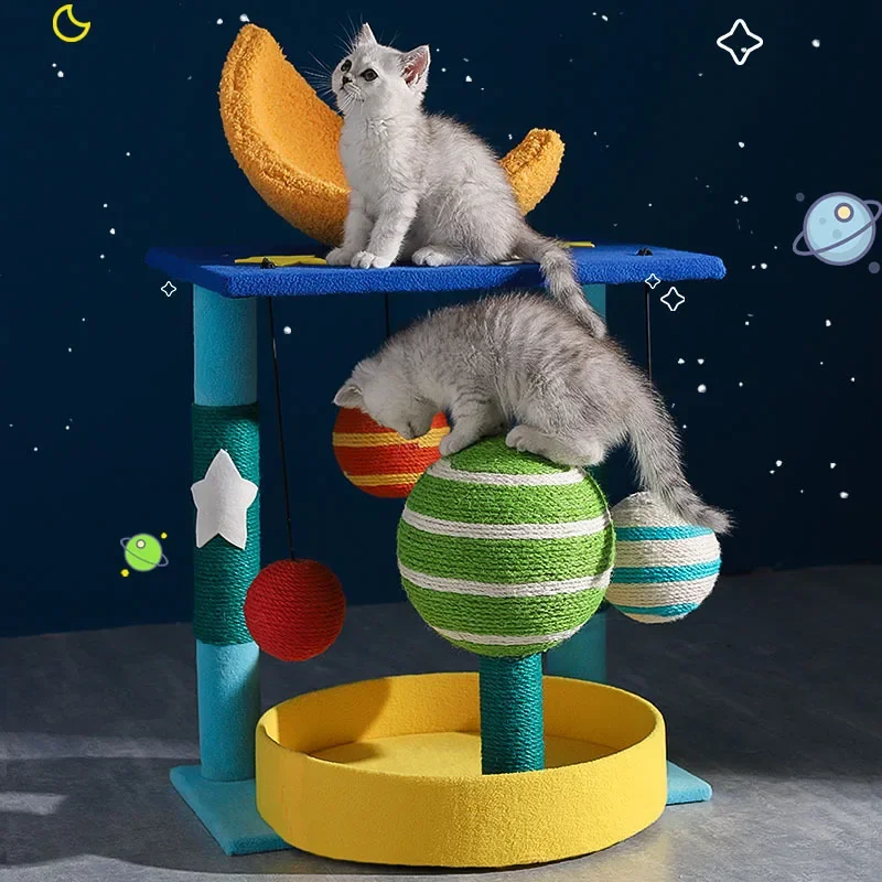 Cat Scratching Post Planet Cat Scratcher Natural Sisal Large Cat Tower Condo Interactive Dangling Ball Toy for Indoor Kittens