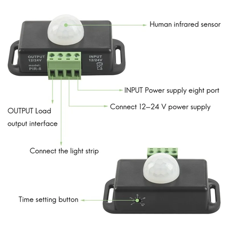 A68Z Sakelar Sensor Gerak PIR Dapat Disesuaikan Otomatis Modul Sakelar Lampu Detektor Inframerah IR DC 12 24V 8A untuk Strip LED