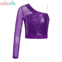 Kids Girls Sequins Dance Top Sheer Mesh Long Sleeve One Shoulder Zipper Crop T-shirt for Jazz Dance Cheerleading Performance