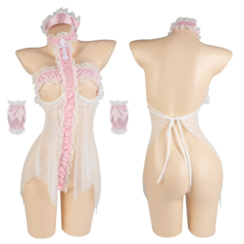 

Сексуальная сетчатая полая прозрачная ночная рубашка, женская горничная, боди с открытой спиной, розовое нижнее белье принцессы, милая одежда для девочек