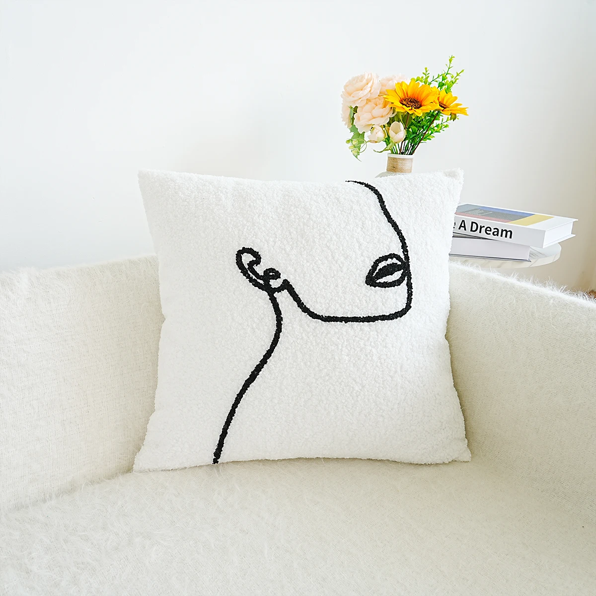 1pc, Teddy velvet abstract face embroidery cushion pillow case, home decoration, without pillow core