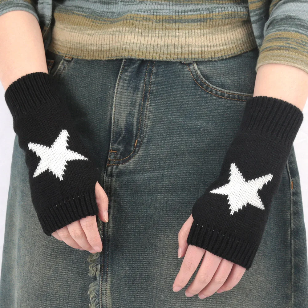 Y2K Fashion Knitted Winter Gloves Korean Women Half Finger Warm Goth Gloves Pentagram Star Fingerless Hand Warmer Mitten