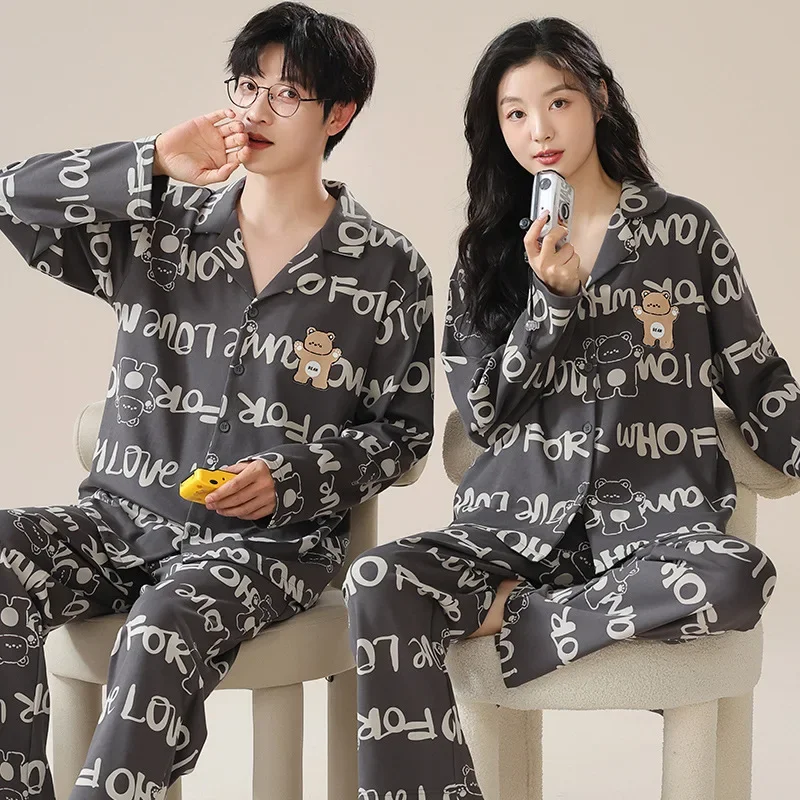 Koreanische Mode Baumwolle Nachtwäsche für Frauen und Männer 2024 Strickjacke Herbst Pyjama Set für Paare Langarm große Größe M-3XL Pijama