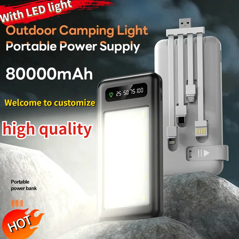 80000mAh Power Bank Built Cables 10W Fast Charging Usb Ports Charger Powerbank Emergency Power Supply for Iphone with Led Light