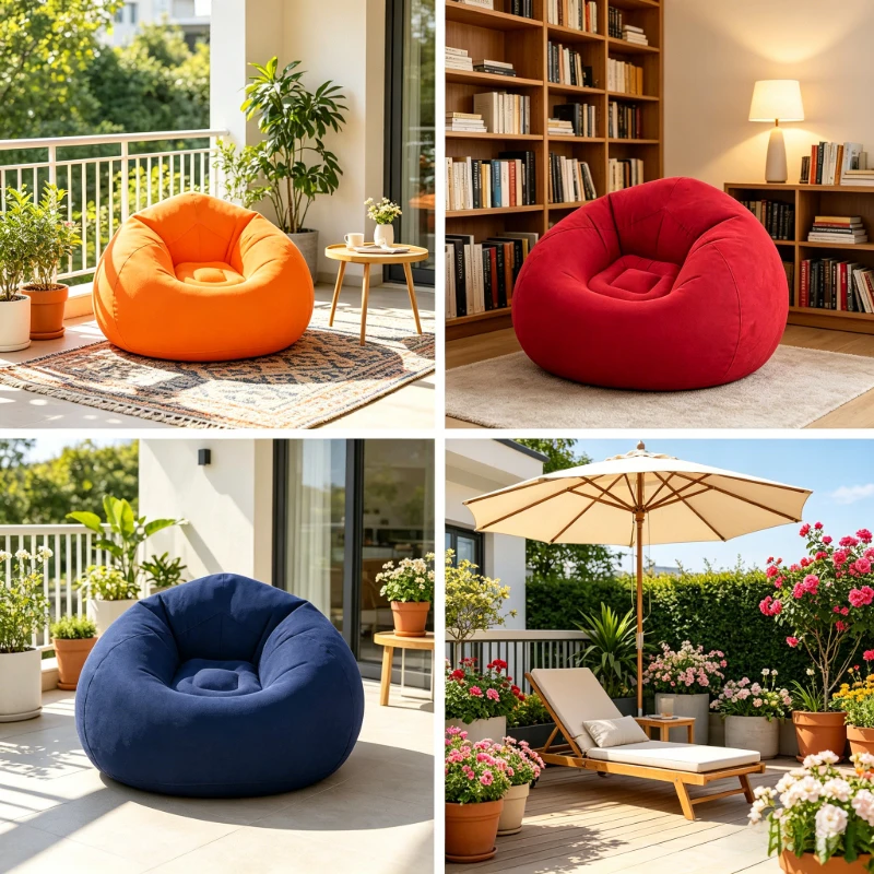 Sofá Inflable Grande Tipo Puff, 3 Colores: Rojo, Naranja y Azul, Silla de PVC Suave Tipo Tatami para el Hogar, Dormitorio y Sala de Estar