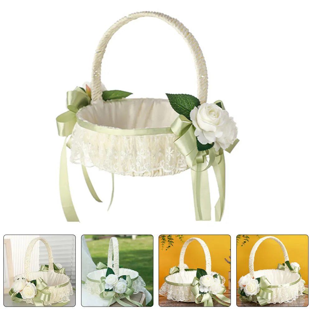 

Wedding Flower Basket Small White Romantic Lace Handheld Portable Elegant Wedding Party Decoration Supplies