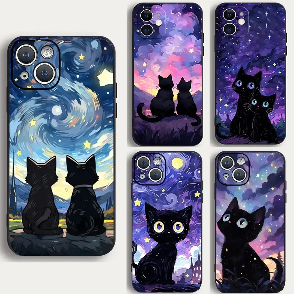 

Artistic Black Cat Starry Night Phone Case For iPhone 15 14 13 12 11 Pro Max Mini XS Max XR X 7 8 Plus Couple Cover Soft Shell