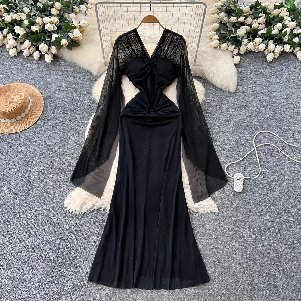 

Women Pleated Dresses Slim Dress Sexy Velvet Spliced V Neck Vestidos Long Sleeves Ankle Length Cinched Empire Waist 2025 Autumn