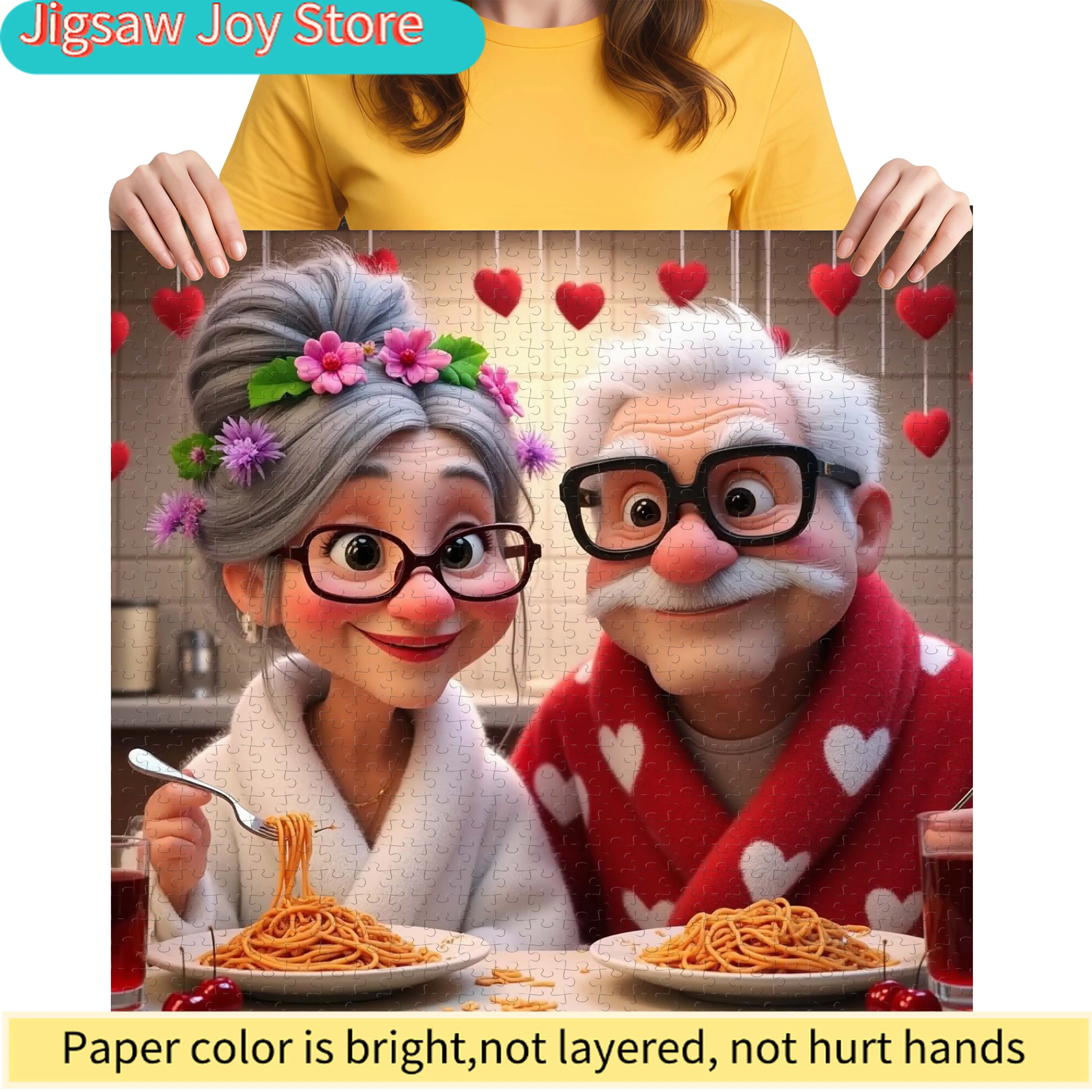 A Box of 500/1000pcs Jigsaw Puzzles Featuring a Sweet Dining Scene of an Elderly Couple in a Cartoon Style. The Grandfather Is