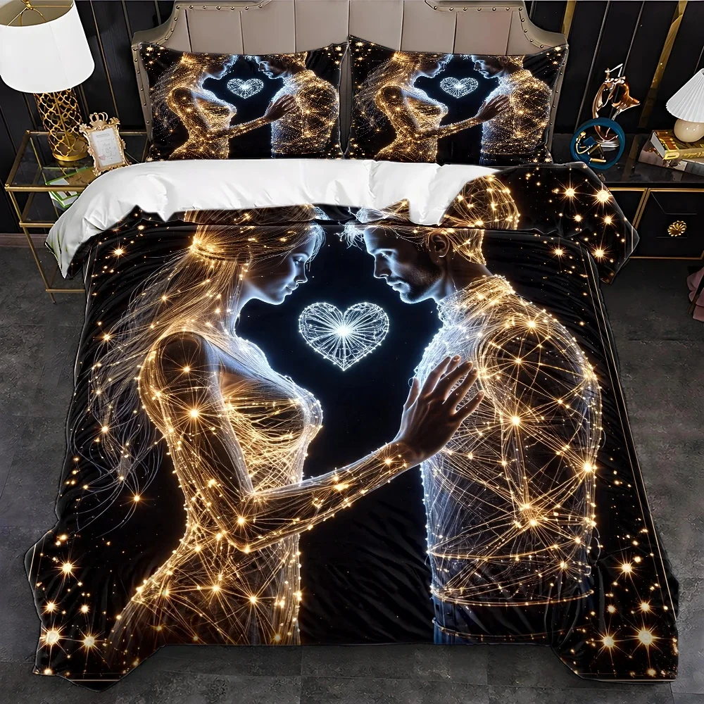 2D ultra-soft digital print duvet cover set, includes three-piece set with pillowcase and duvet cover, Love, Valentine's Day gift, anniversary gift, does not include filling, the fabric is soft and comfortable, suitable for bedrooms, hotels, famous hotels, and school dormitories. 1*duvet cover + 1/2 pillowcase