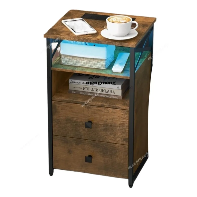 

Светодиодные тумбочки с беспроводной зарядной станцией и двумя деревянными ящиками, торцевые столики для гостиной с USB и розетками, коричневый для спальни