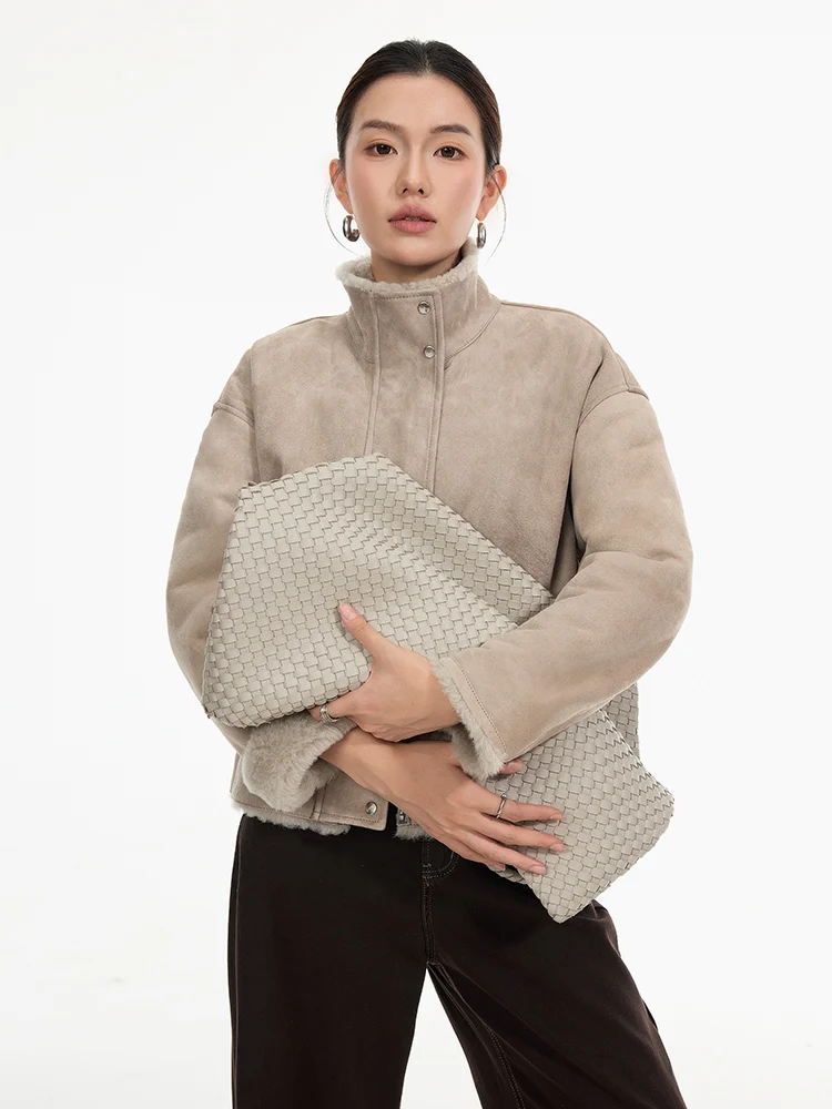 الراقية الفاخرة ميرينو الأغنام الفراء امبسوول سترة للنساء بسيطة الوقوف طوق قصيرة الشتاء جلد طبيعي معطف الفرو الحقيقي من جلد الغزال