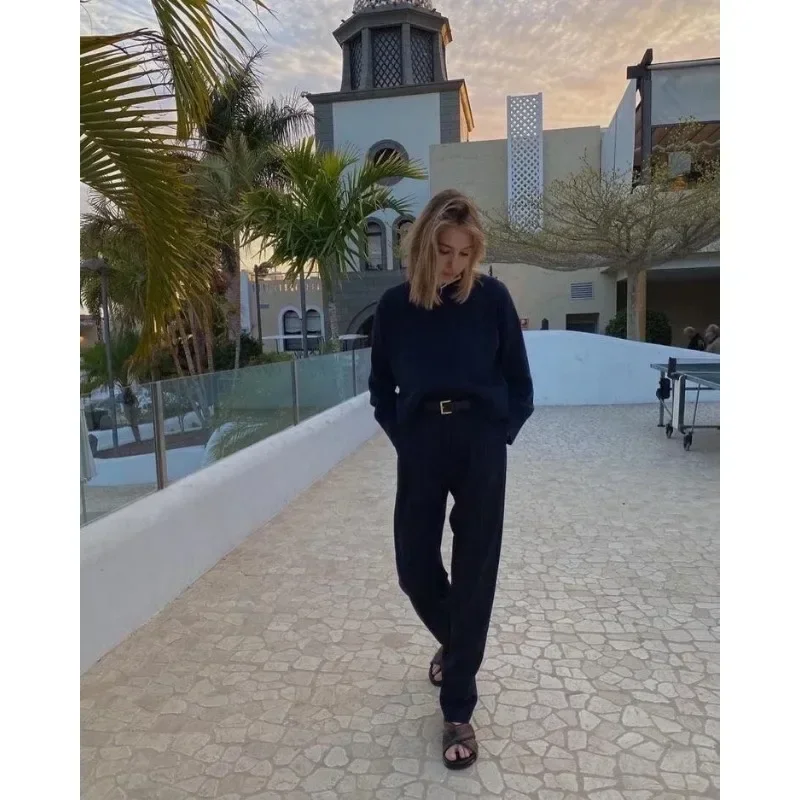 Filipp*K summer women pants straight wide leg solid color pocket high waist fasten button office lady casual