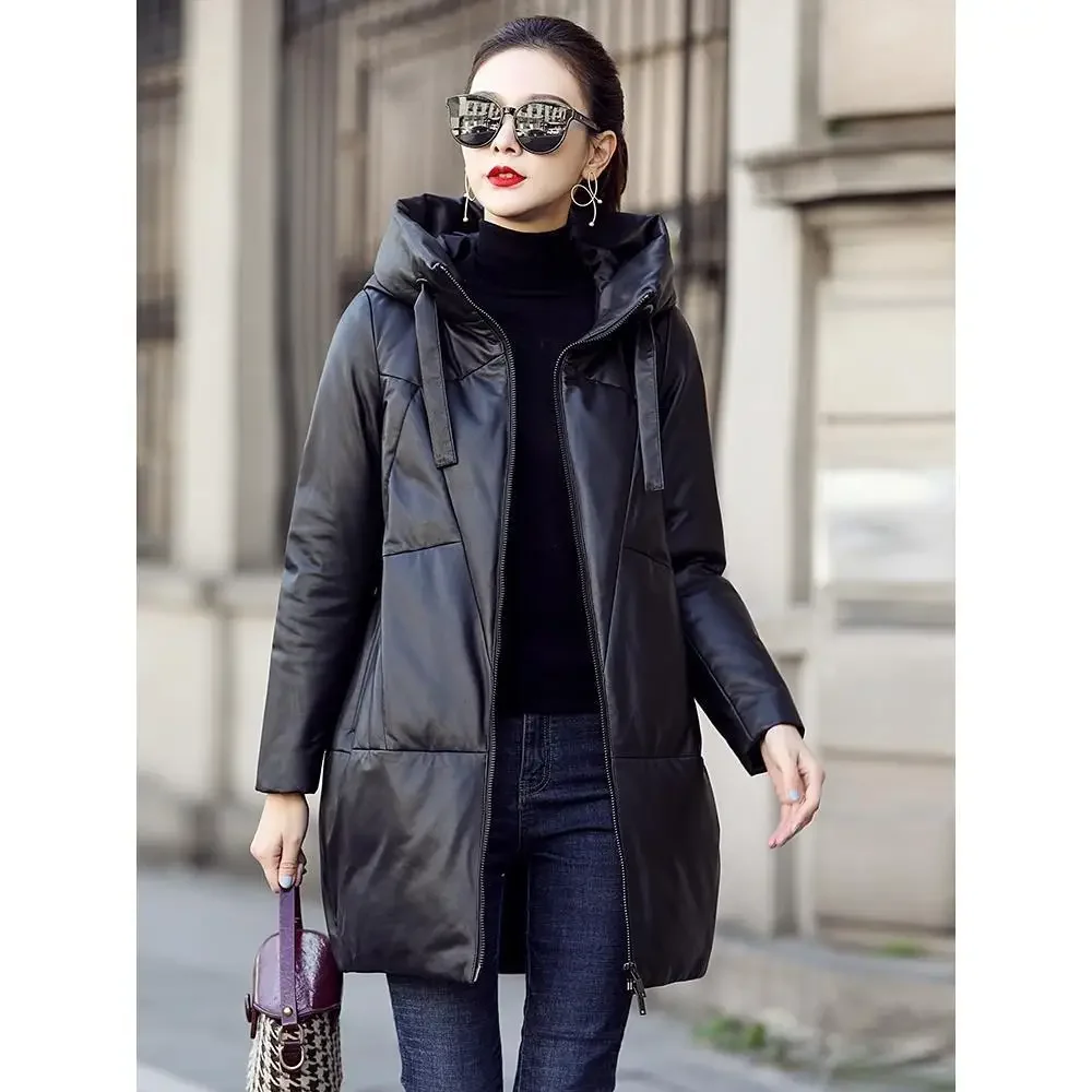 Genuine Leather Down Jacket Women's Winter Puffer Jackets Female Elegant Hooded Thick Natural Sheepskin Coat Women Clothing 2023