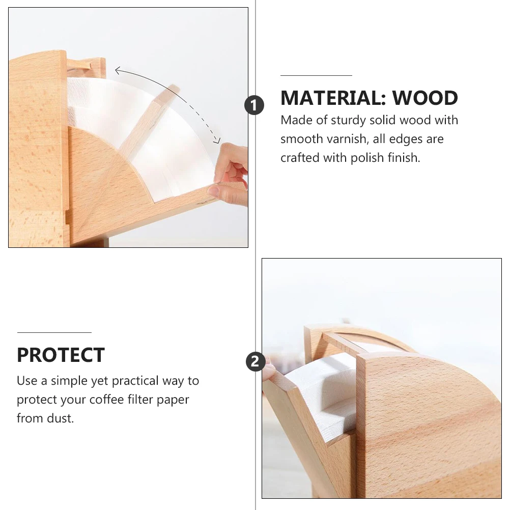 

1pc Storage Rack Wood Handmade Paper Box Dustproof Coffee Filter Holder Reusable Wooden Filter Paper Stand Non-Slip Pads Natural