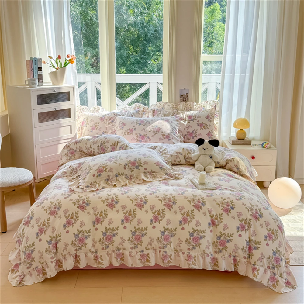 

Flower Printed Washed Cotton Bedding Set Skin-friendly Korean Duvet Cover Set Lace Ruffles Soft Quilt Cover Bed Linen Pillowcase