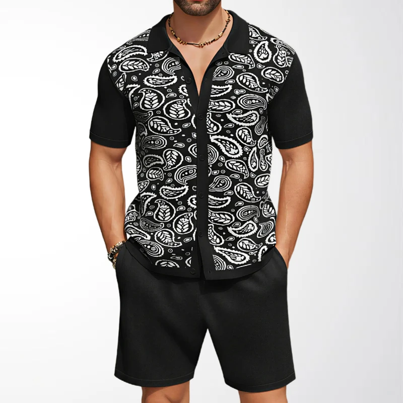 New 2026 Men's 2 Pieces Sets Jacquard Tracksuit Lapel Knit Short Sleeve Polo Shirts + Shorts Summer Button Cardigan Tops SY0218