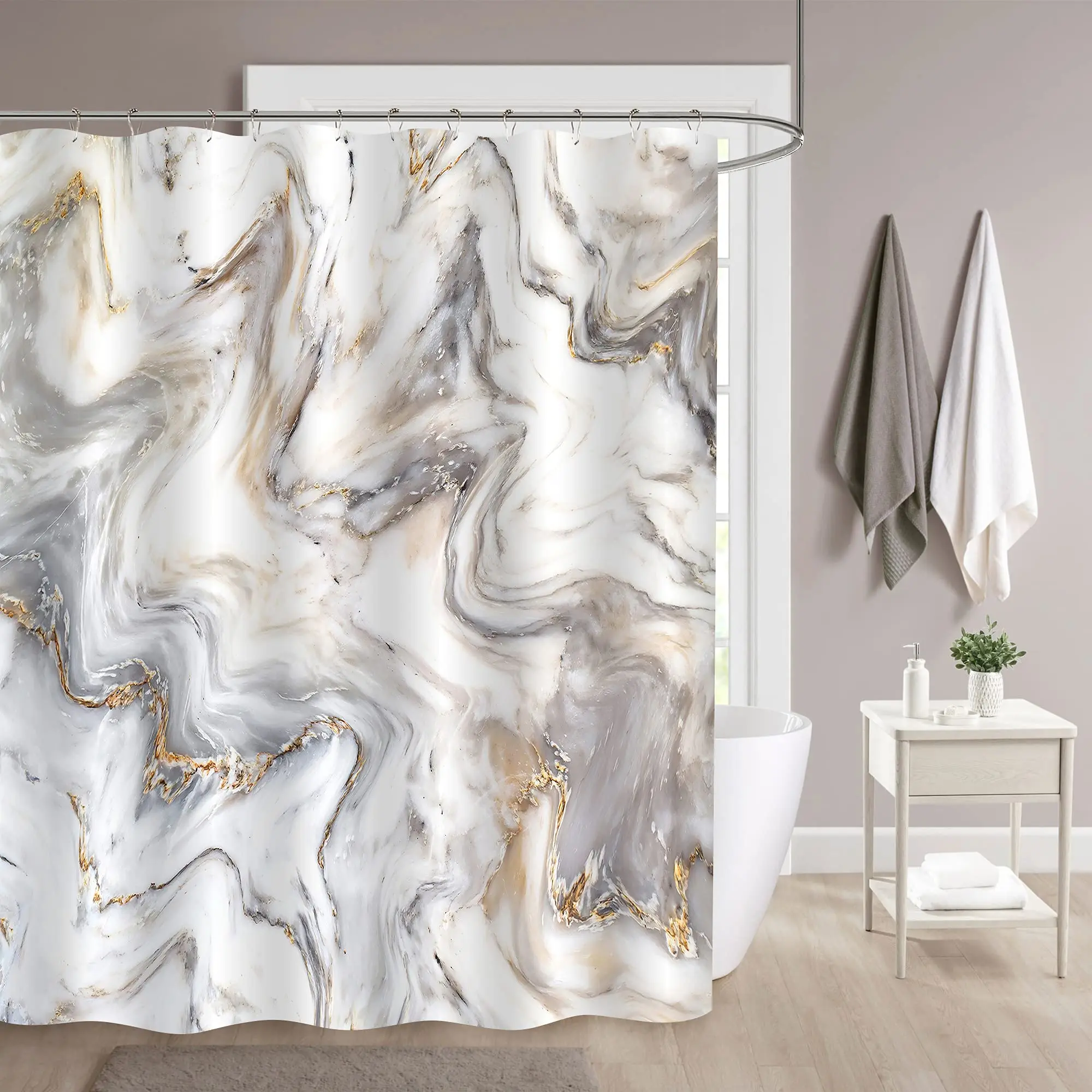 Grey Gold Marble Ink Texture Shower Curtain Set Abstract Modern Shower Curtain for Bathroom Decor Waterproof Washable Fabric