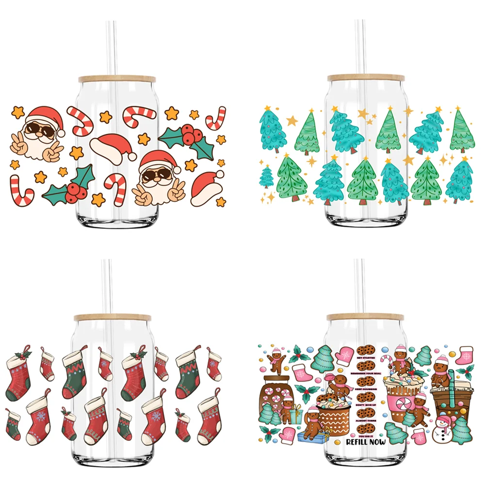

Christmas Santa Sock Tree 16OZ UV DTF Cup Wrap Transfers Stickers Custom Labels DIY Durable Waterproof Logo For Libbey Glass Can
