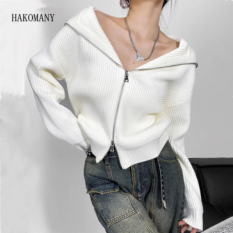 2023 Women Ribbed Knitting Zipper Fastening Lapel Collar Cardigan Loose Full Sleeve thick Sweater Autumn Winter Harajuku