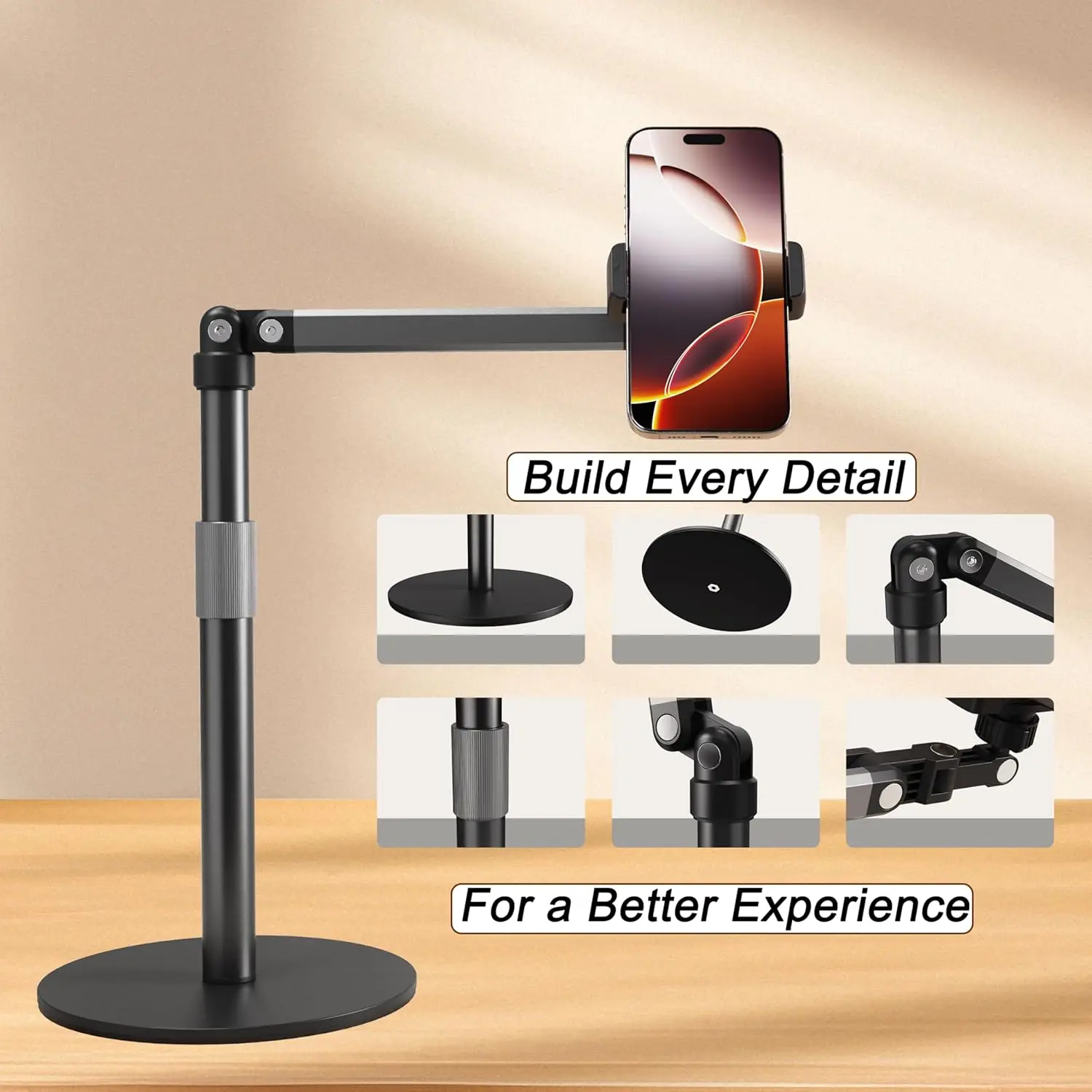 Adjustable Phone Stand for Overhead Recording, Flexible Arm for Video, Painting, Meeting - Desktop Mount