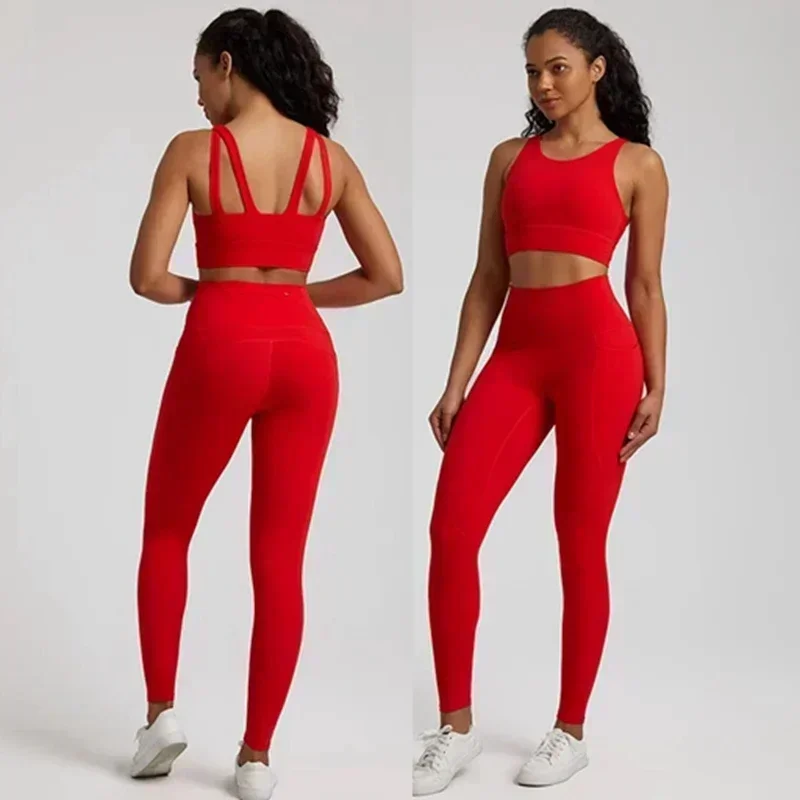 Lemon Women Soft Gym Yoga Set Legging Sport Fitness Cross Gym Bra top 2pc Suit Comprehensive Training Jog pocket Women Sportwear