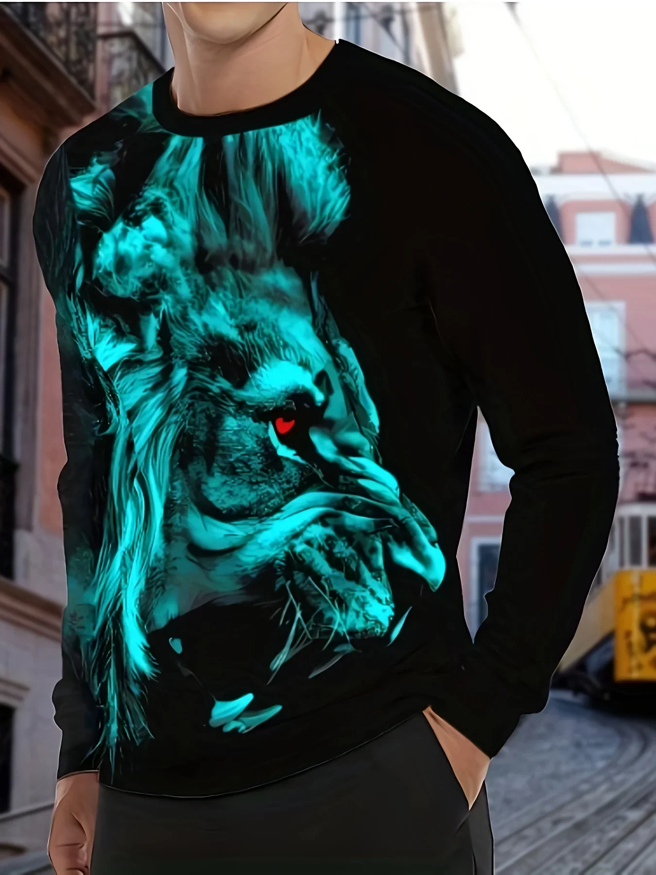 Multicolor Lion Long Sleeve T Shirt Men Animal Graphic Cool Loose Fashion Trendy Streetwear Vintage Retro Novelty Wildlife