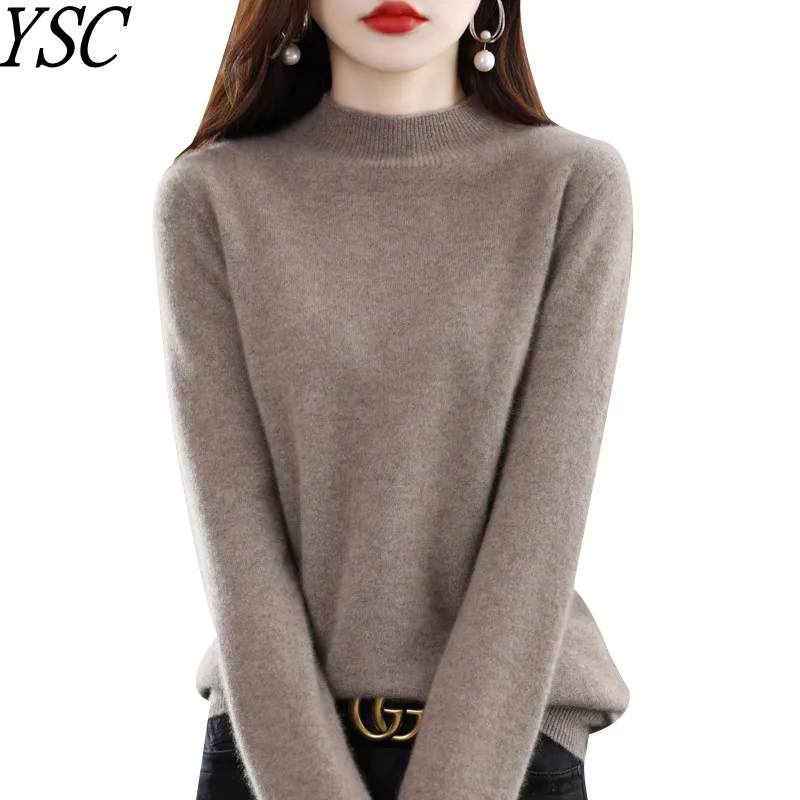 2022 YSC winter Women Seamless knitting 100% Pure wool sweaters Half height collar Loose style high-quality keep warm pullover