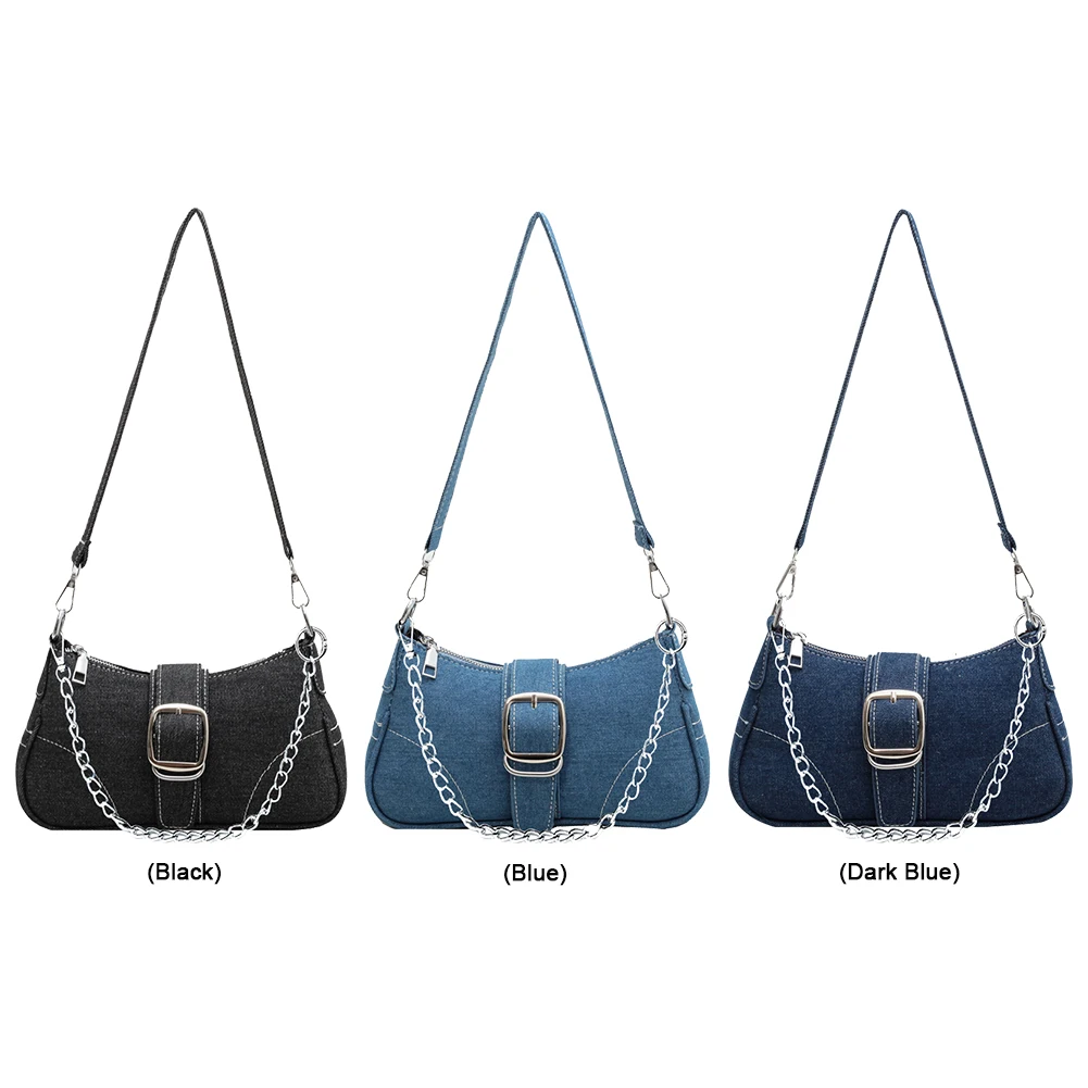 Women Denim Shoulder Bag Buckle Decor Retro Tote Handbag Fashion Denim Underarm Bag Casual Evening Satchel Bag