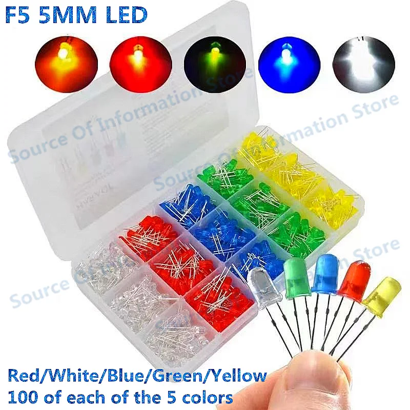 

F5 5mm LEDs: 100 each of 5 colors (red, white, blue, green, and yellow)