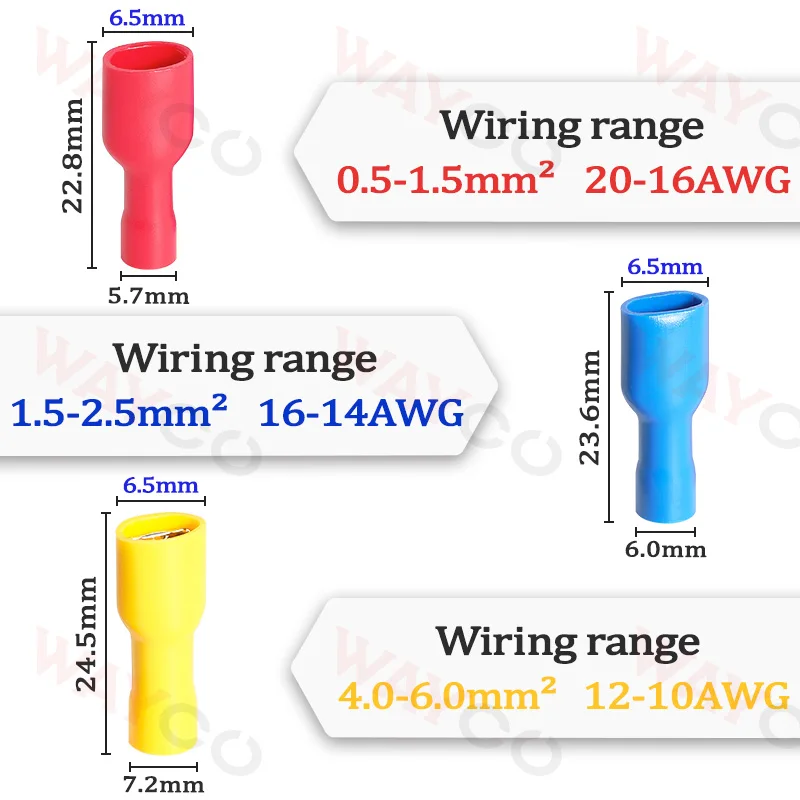 50PCS 6.3mm Spade Crimp Terminals Electrical Wire Connectors Faston Insulated Female For Quick Connection Cables Splice Plugs