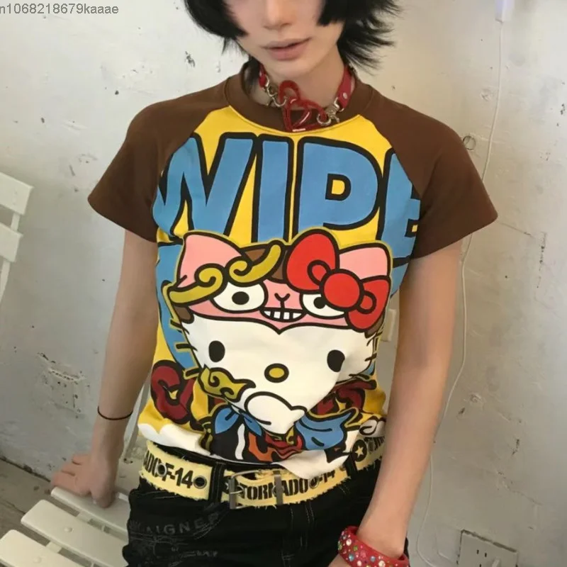 Sanrio Hello Kitty New Anime Fashion Short Tops Y2k Summer Cute Tees Cartoon Printed High Street Gothic Short Sleeve T-shirts