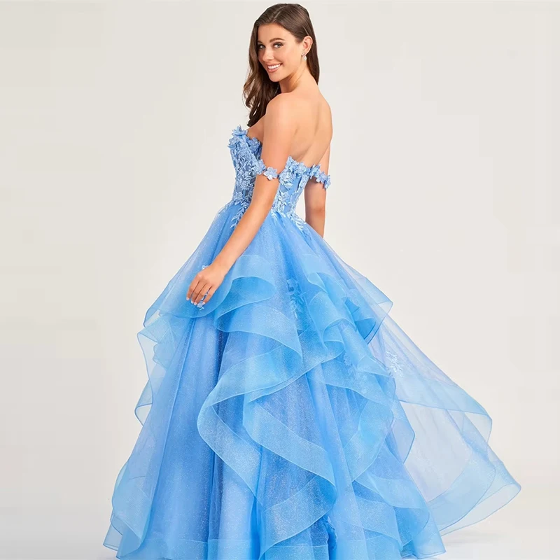 Robe de bal élégante bleu clair, épaules dénudées, avec des appliques florales, en Tulle à plusieurs niveaux, robe de soirée trapèze bouffante