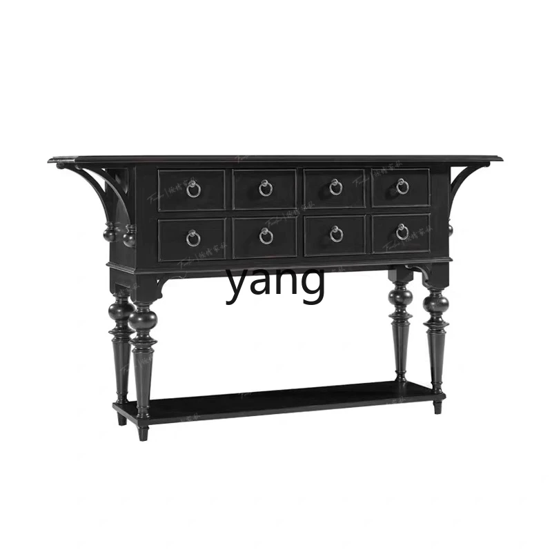 

LMM American Solid Wood Retro Entrance Cabinet French Black Distressed Living Room Side Cabinet