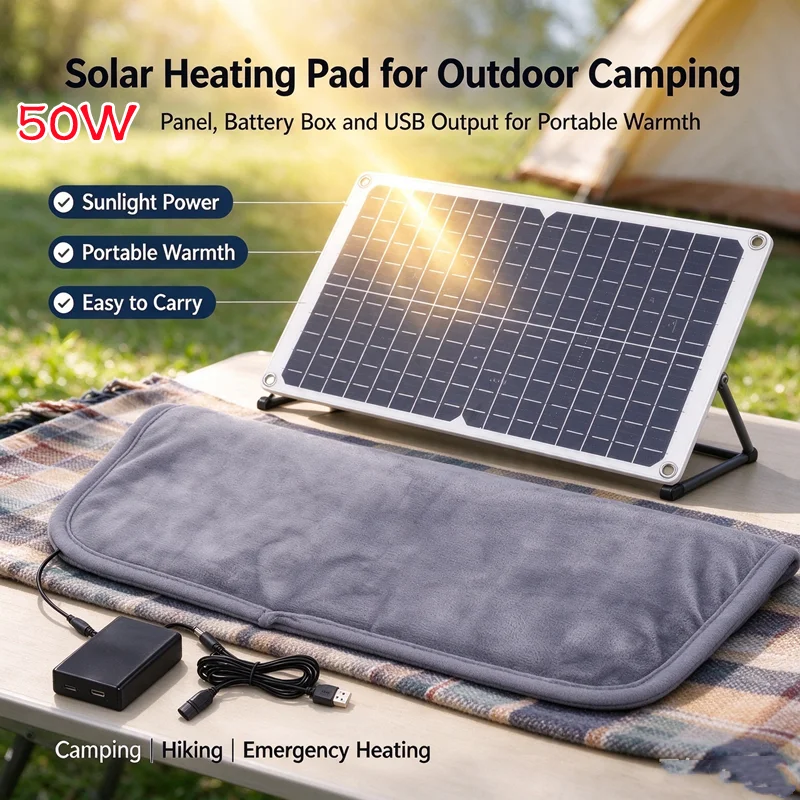 50W Solar Heating Pad with Battery Box Set USB Electric Heated Mat Solar Supply Warm Cushion for Pets Dog Cat House Outdoor Use