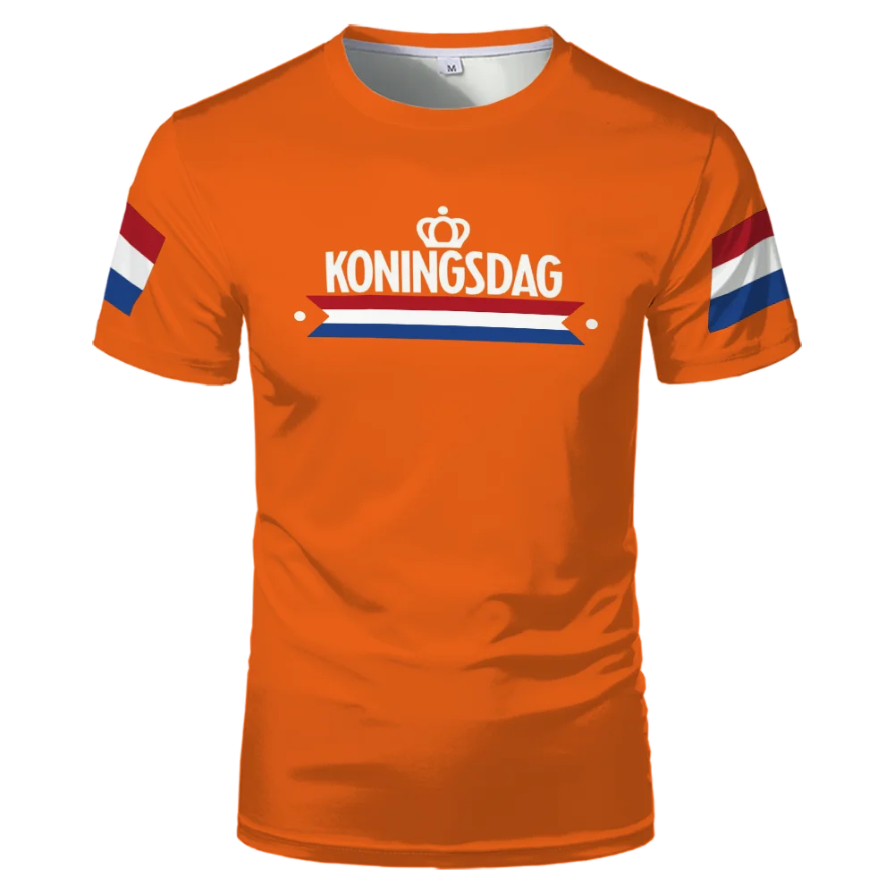 2026 Netherlands King Lion Soccer Art Fan Jersey Crew Neck Short Sleeve White Orange Split Flag Print Sports Tee for Adults Kids