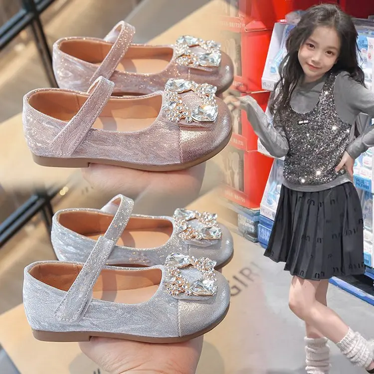 

Kids Flat Shoes Shiny Crystal Girls Leather Shoes Round Toes Hook&loop 2025 New Children Princess Shoes Elegant Sweet Ins Trendy