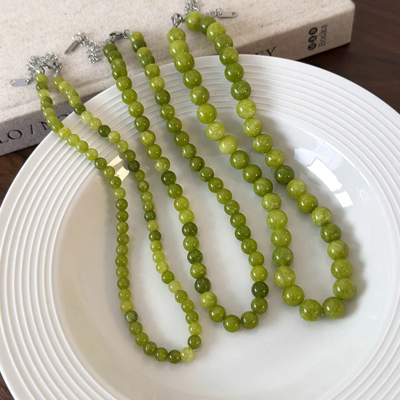 Minar French 6mm 8mm 10mm Green Color Natural Stone Agate Strand Beaded Necklace for Women Silver Plated Chain Choker Pendientes