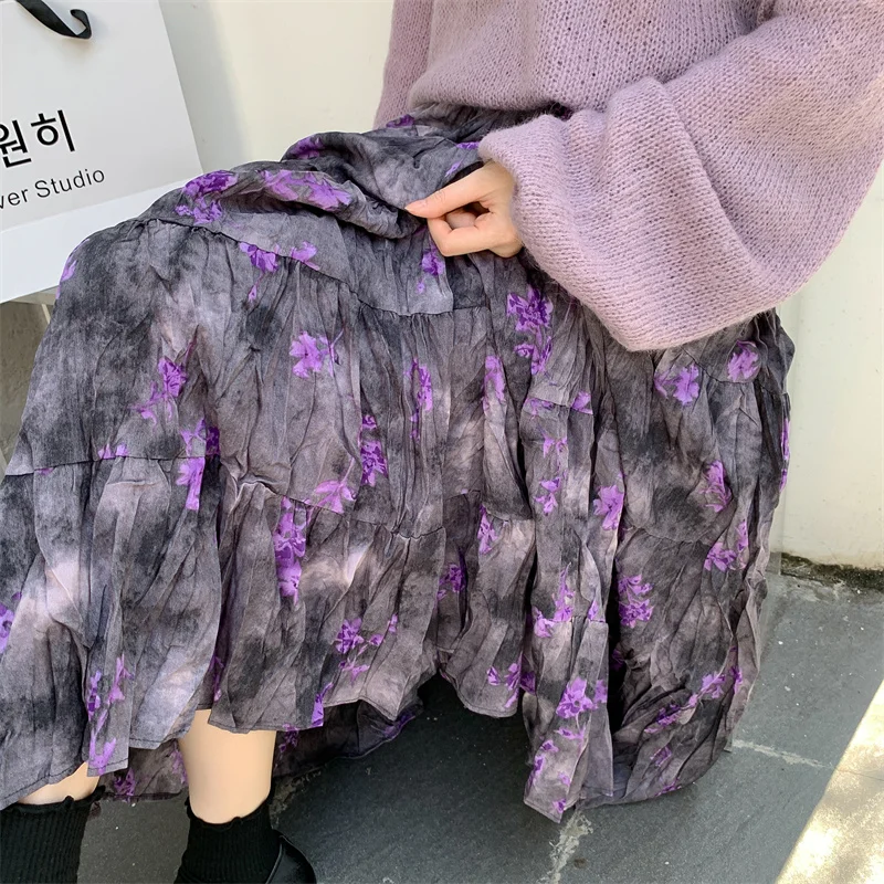 Retro Paarse Ombre Bloemen f Rok Dames Koreaanse Sle Hoge Taille Losse A-lijn Lange Rok Brede Zoom Midi Rok