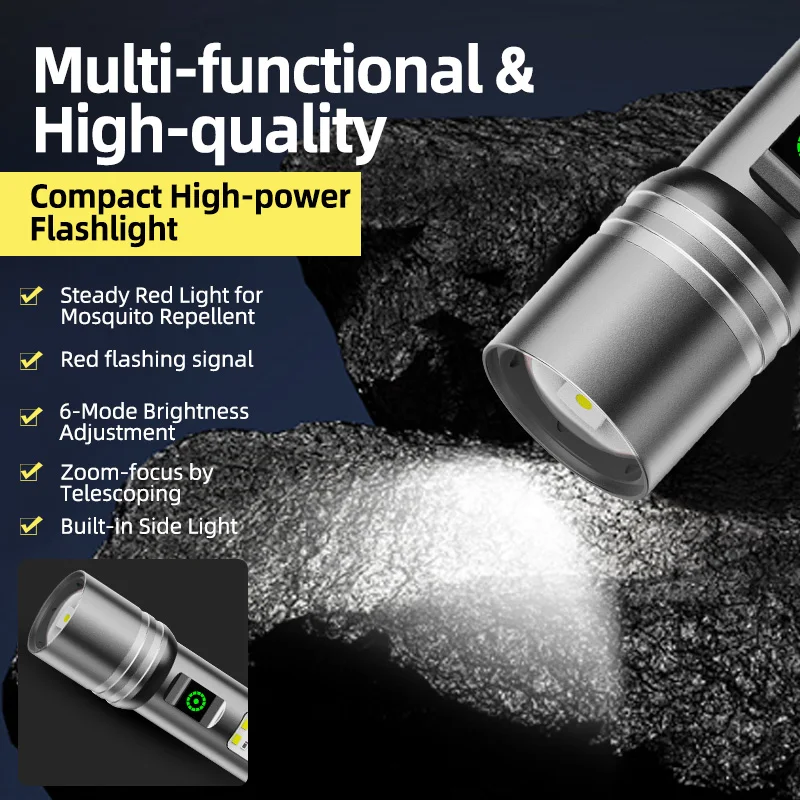 Multifunctional LED Flashlight Telescopic Zoomable Torch Multiple Light Modes With Side Light Portable Handheld Flashlight For O