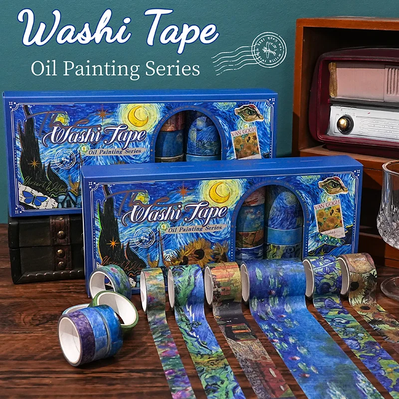 صندوق مكون من 32 لفة من لوحة زيتية فان جوخ السماء المرصعة بالنجوم اشي مجموعة شريط هدية صندوق ريترو ملصقات مخططة فنية ملونة ملصقات شريط المواد الزخرفية