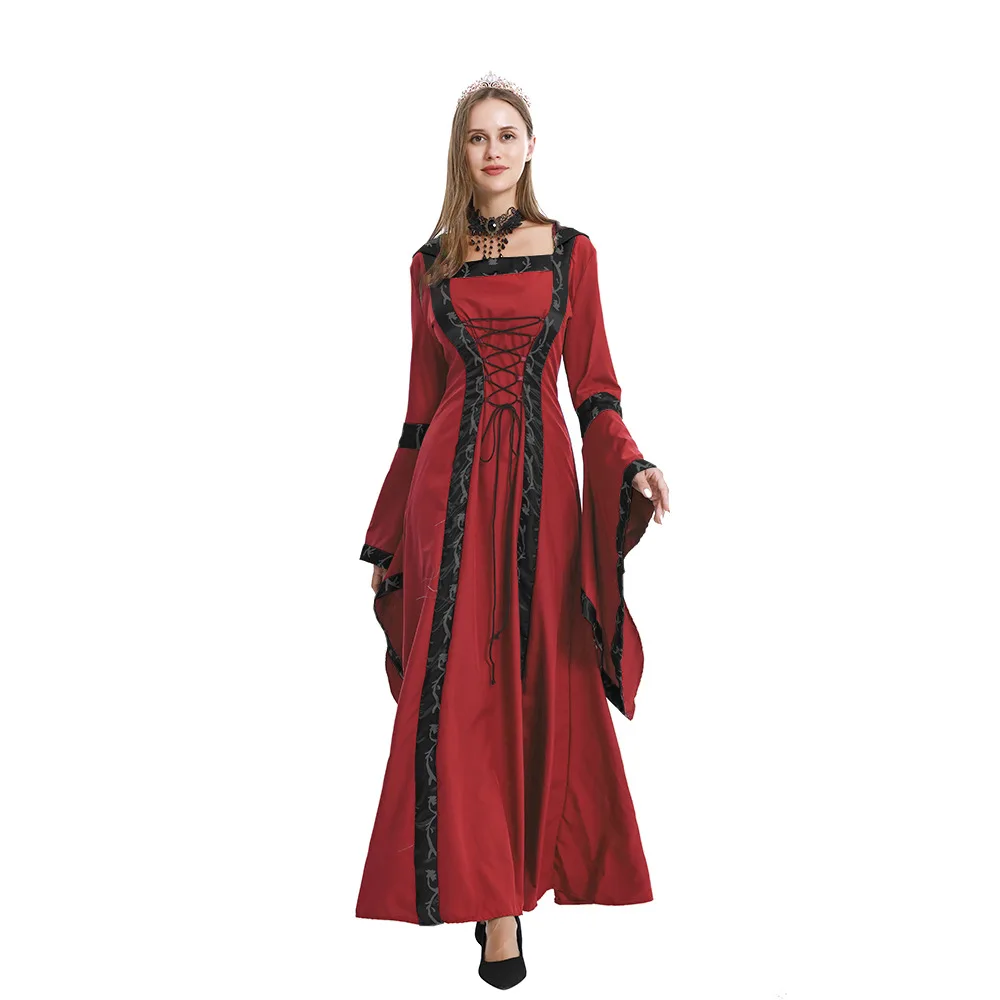 2024 New Halloween Retro Medieval Hooded Dress Square Neck Tie Bell Sleeves Large Swing Skirt Stage Performance Clothing