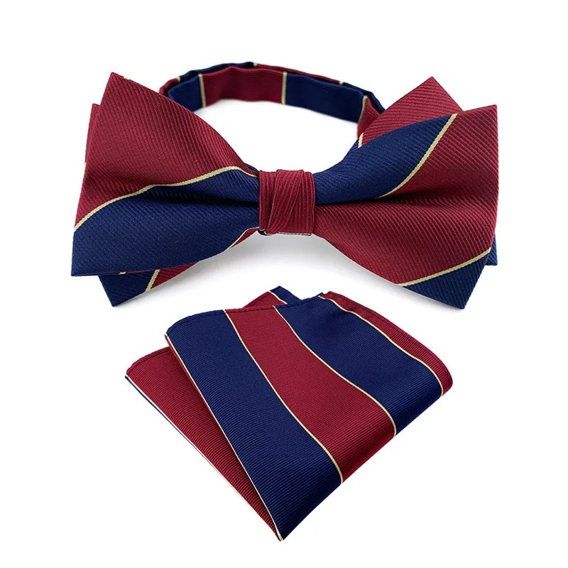 Moda męska Bowtie Hanky zestaw pan młody Gentleman paski krawat chusteczka do kieszeni chusteczka wesele Biwtie dla mężczyzn