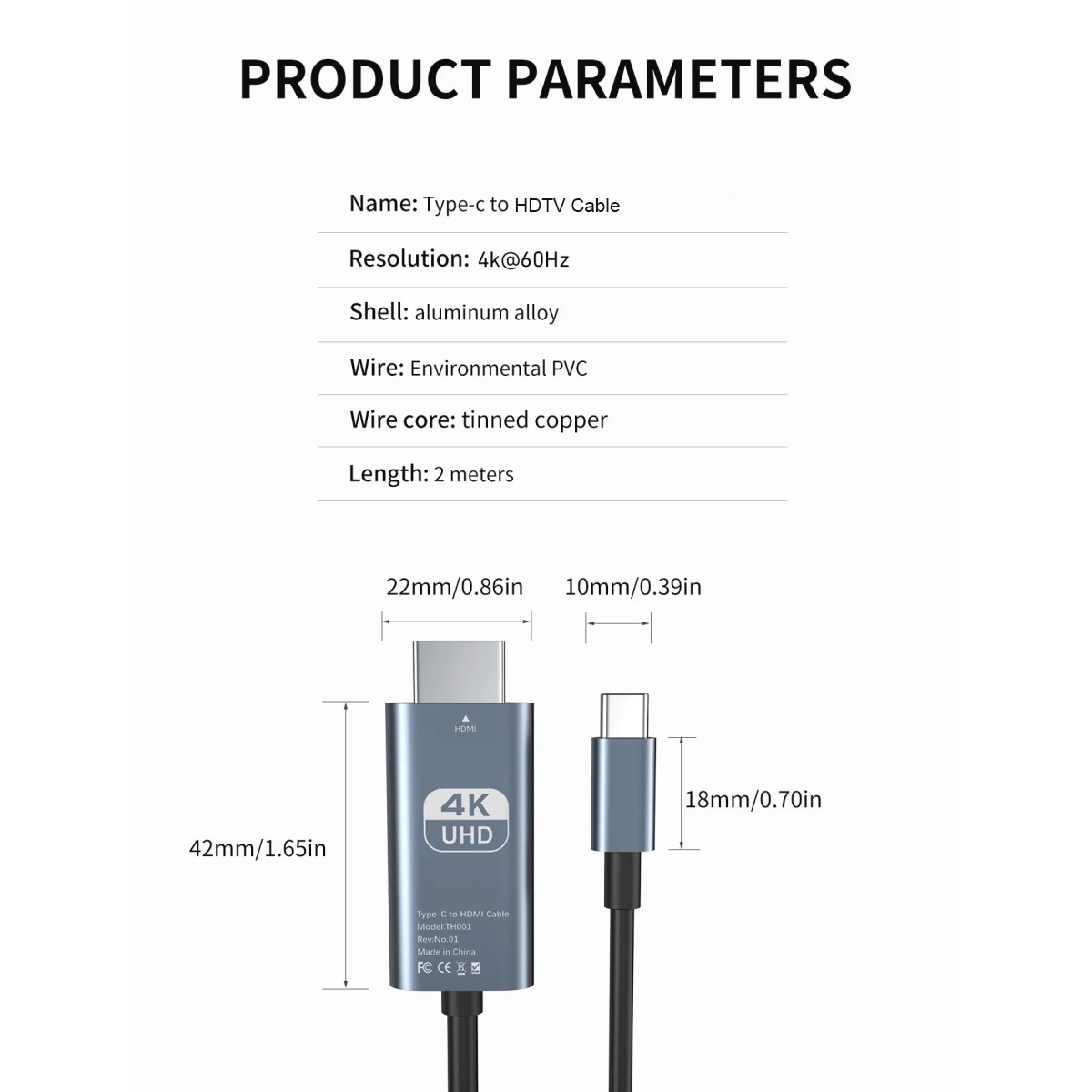 Câble de Conversion vidéo HD 4K 60Hz, sans retard, Type c vers HDMI, pour écran TV, ordinateur, câble en alliage de Projection d'écran de 2 mètres