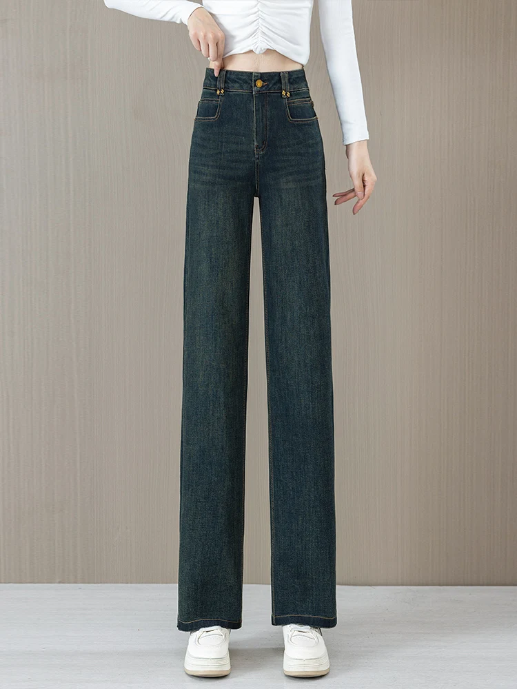 

Джинсы с высокой талией и прямыми штанинами, женские, весенне-осенние, свободного кроя, повседневные брюки, утягивающие, с широкими штанинами, в корейском стиле