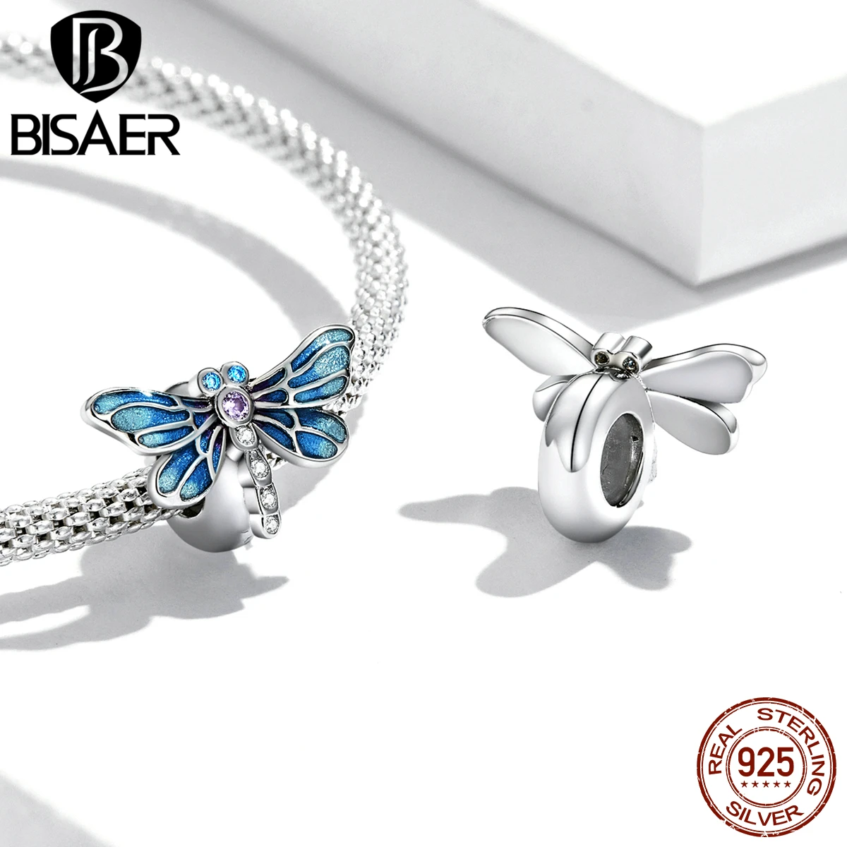 BISAER 925 Sterling Silver Flower Silicone Stopper Beads Starfish Dragonfly Pet Animal Charm Fit Women DIY Bracelet Fine Jewelry